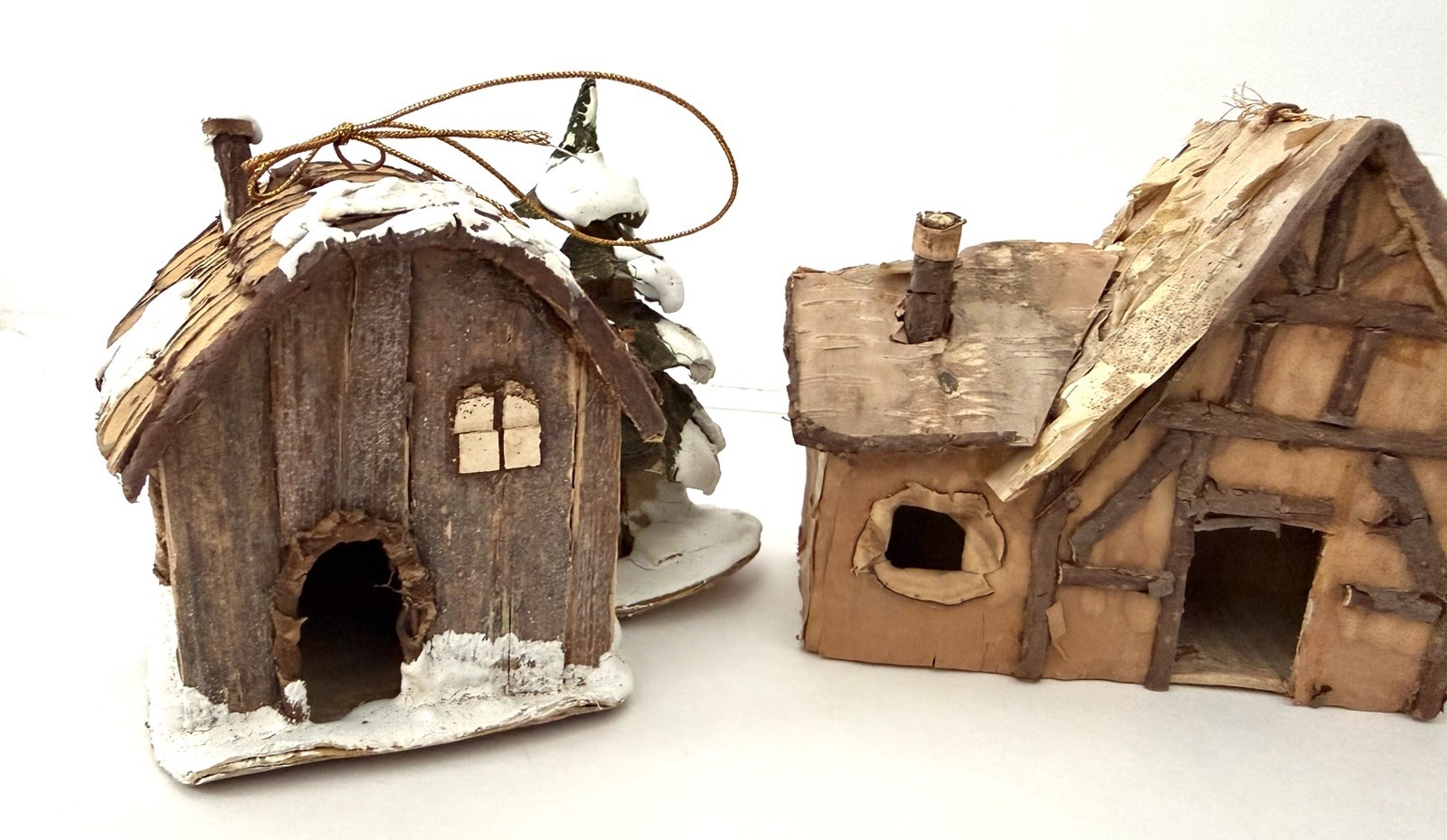Vintage Miniature Folk Art Cabin Houses Ornaments, Bark, Wood, Straw, Lot Of 4