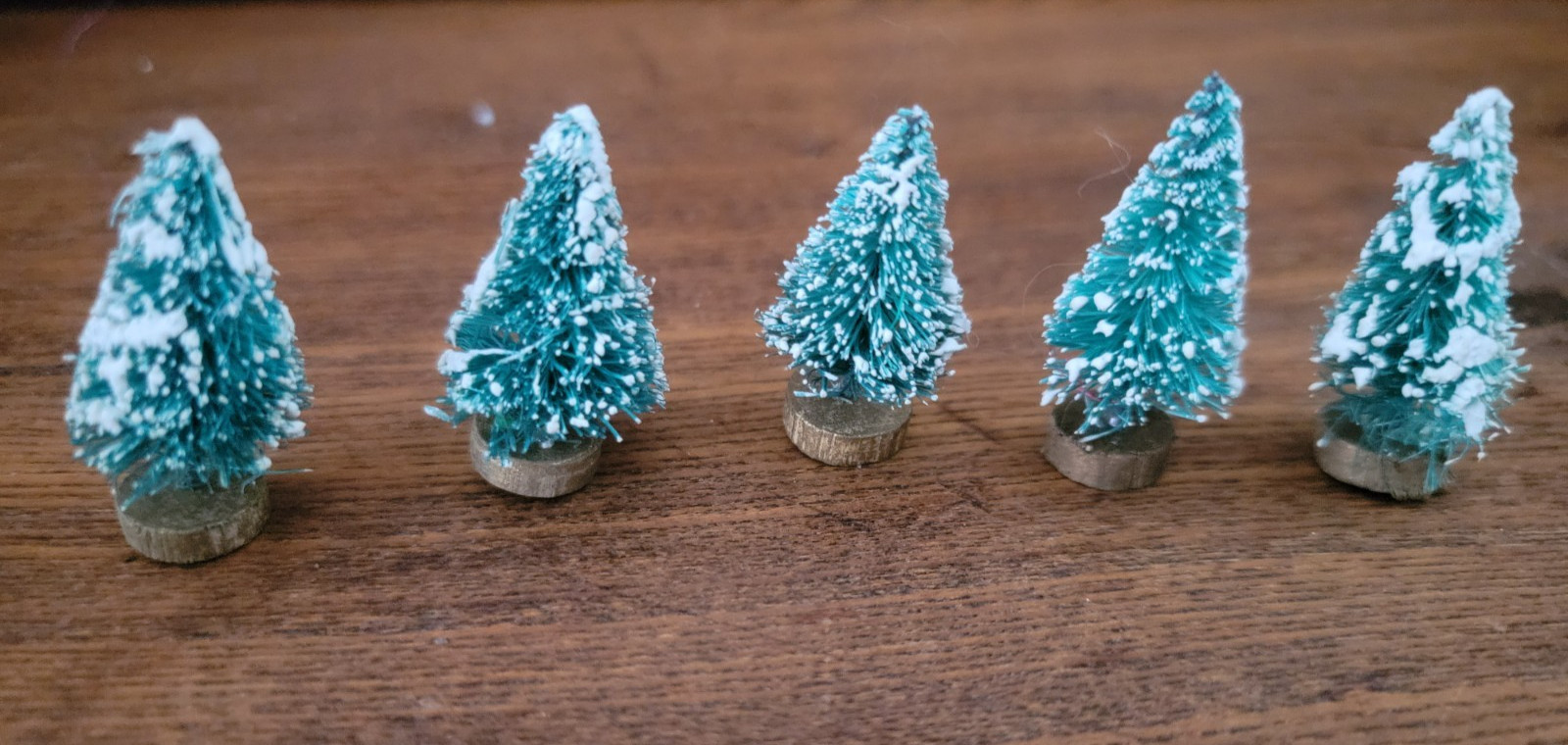 Vintage Bottle Brush 1.5 inch Trees Flocked with Wood Bases Lot of 5 Germany