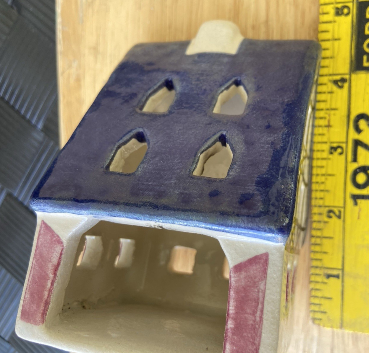 Set of 3 Vintage Ursula Leyk Tea Light Cottages`w/Blue Roofs~Dated 1985 and 1988