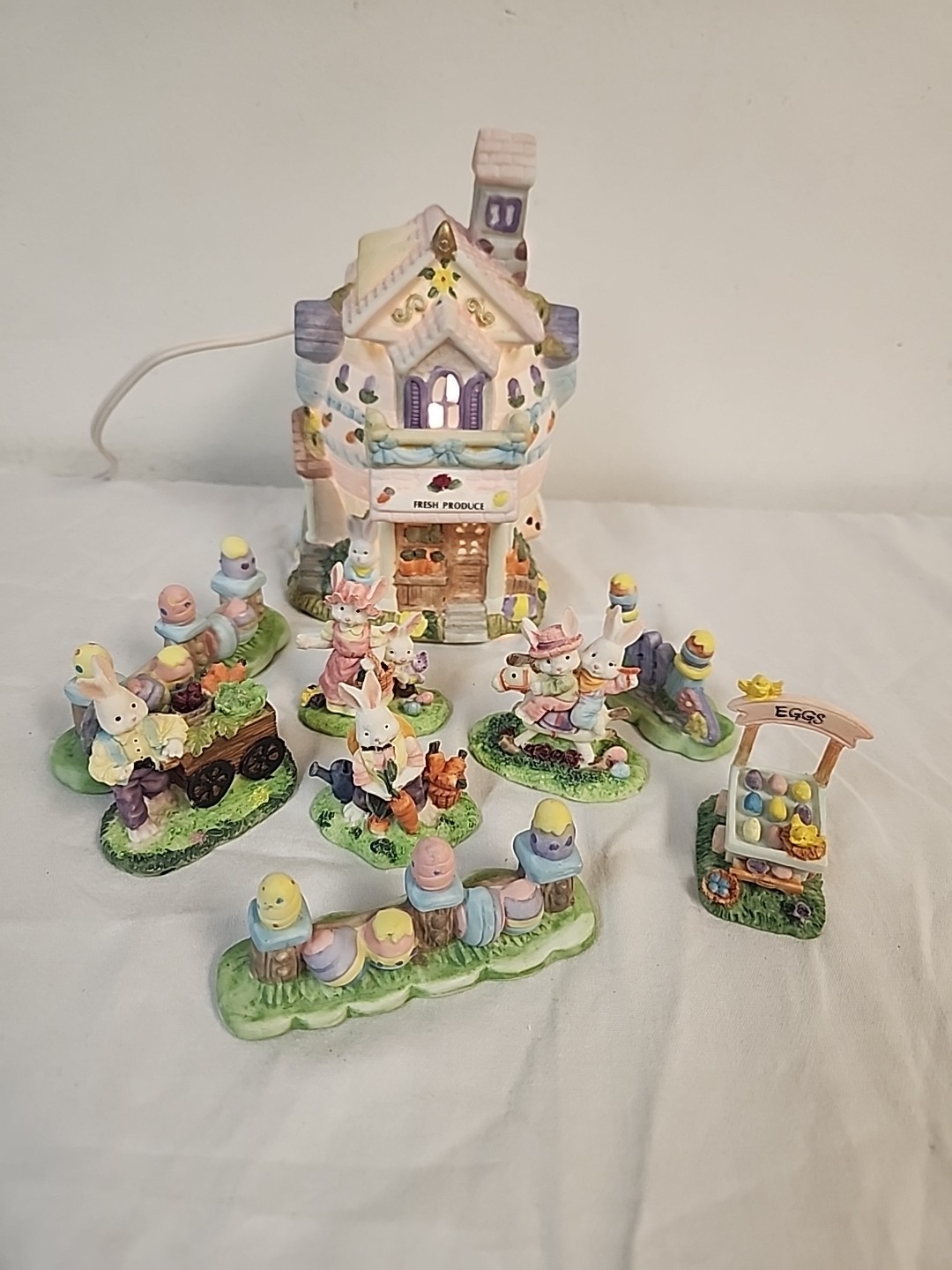 Easter Village Lighted Fresh Produce Store Egg Fence and 5 Bunny Rabbits