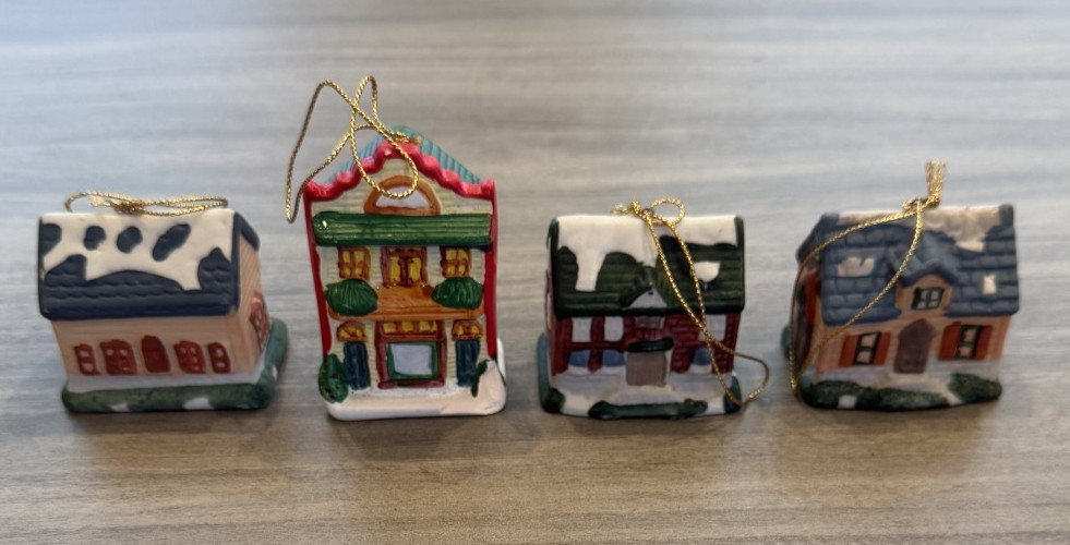 Set of 4 Ceramic Christmas Village Houses, Painted Multicolor Miniatures