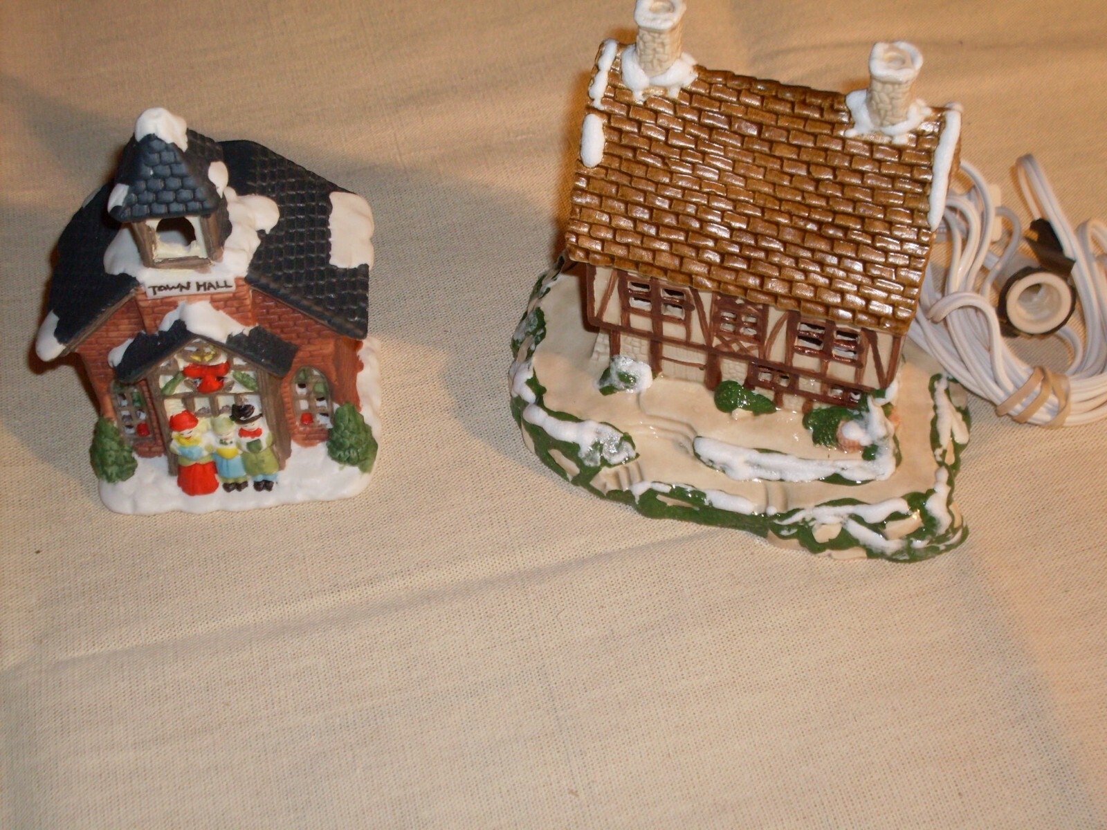 Village Houses. Five colorful, detailed ceramic pieces for display. 4″ tall
