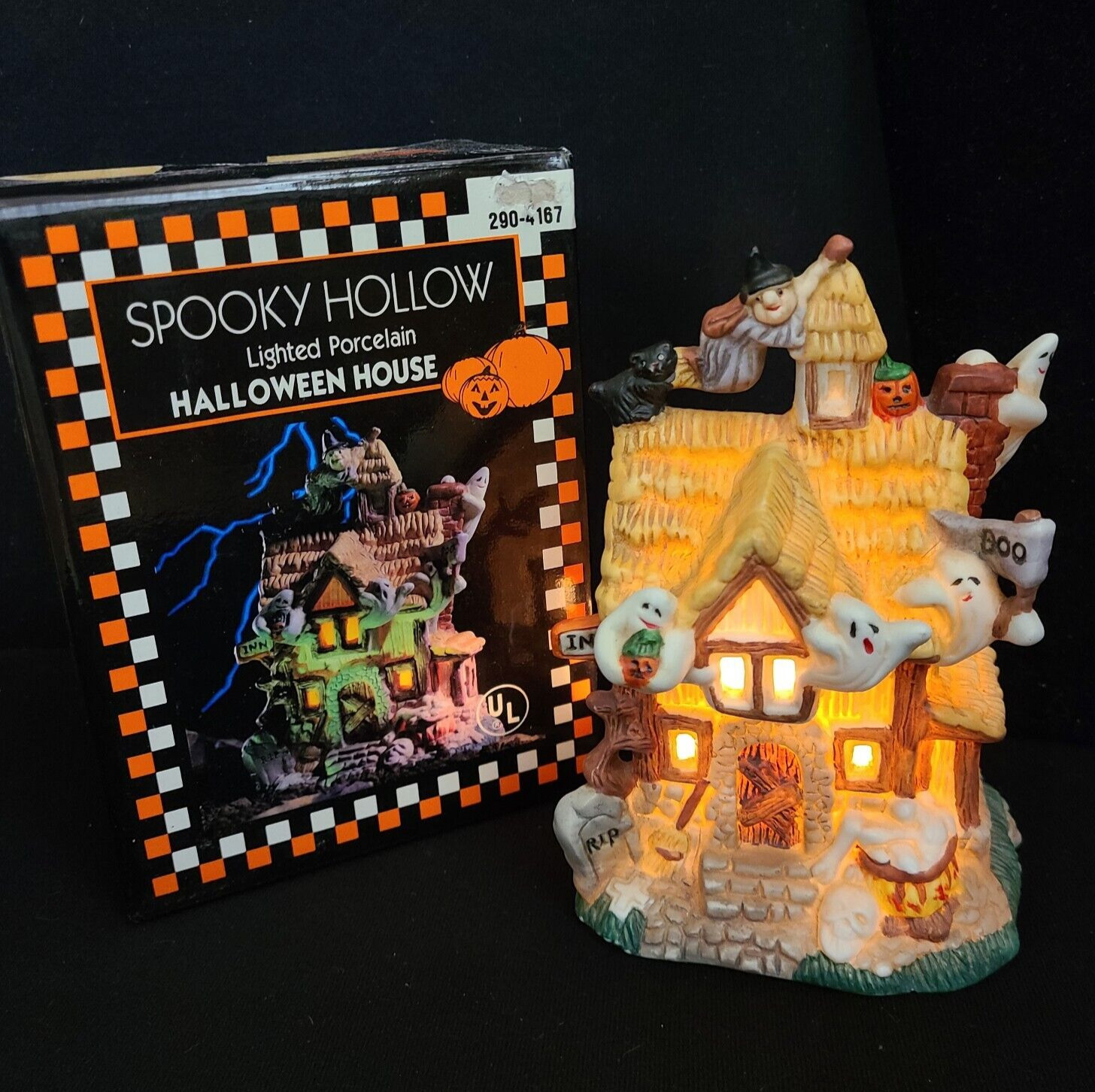 1996 Spooky Hollow Lighted Halloween House Porcelain Haunted House Ghosts