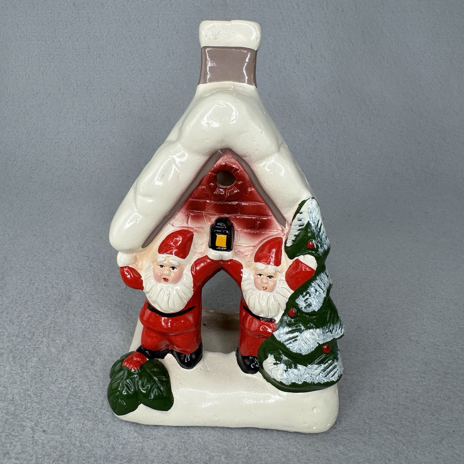 Rare Vintage Chalkware Tea Light Candle Holder House Santa Clau Christmas