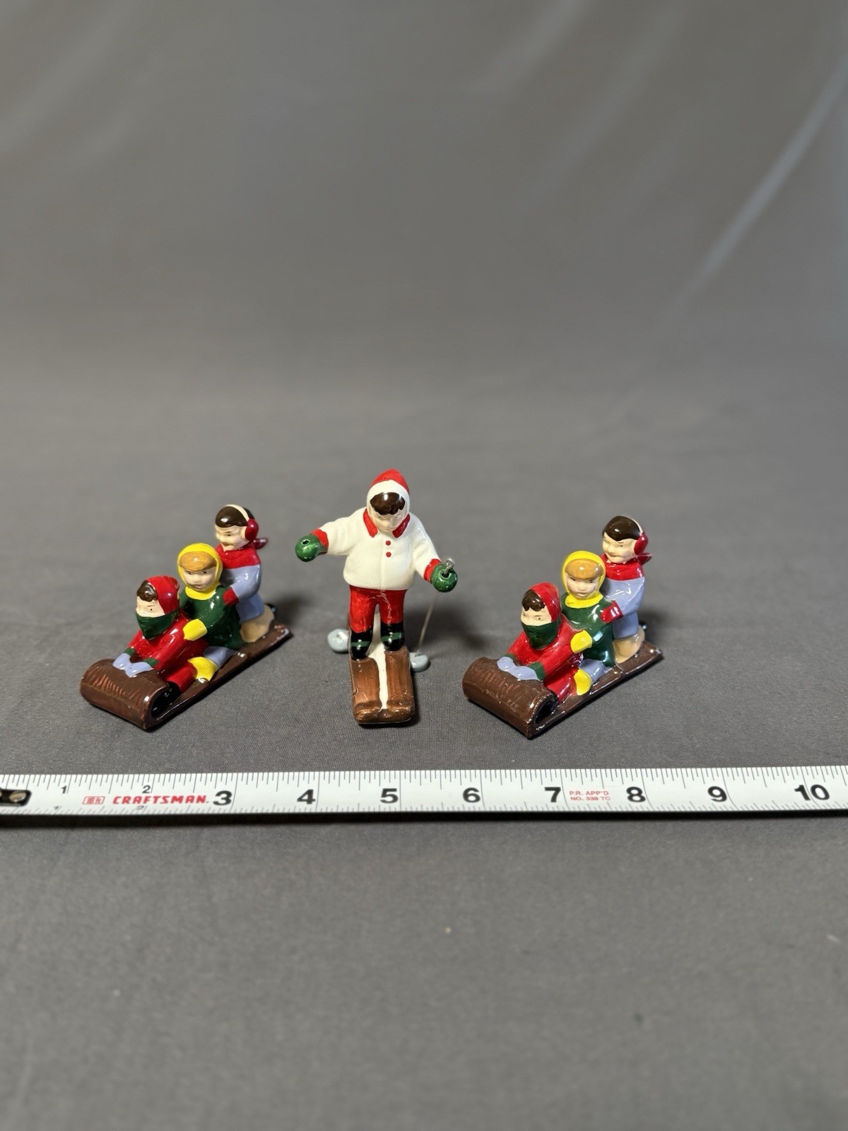 Dept 56 Vintage Christmas Skiers Figurines Set 3 Taiwan Sled Scene