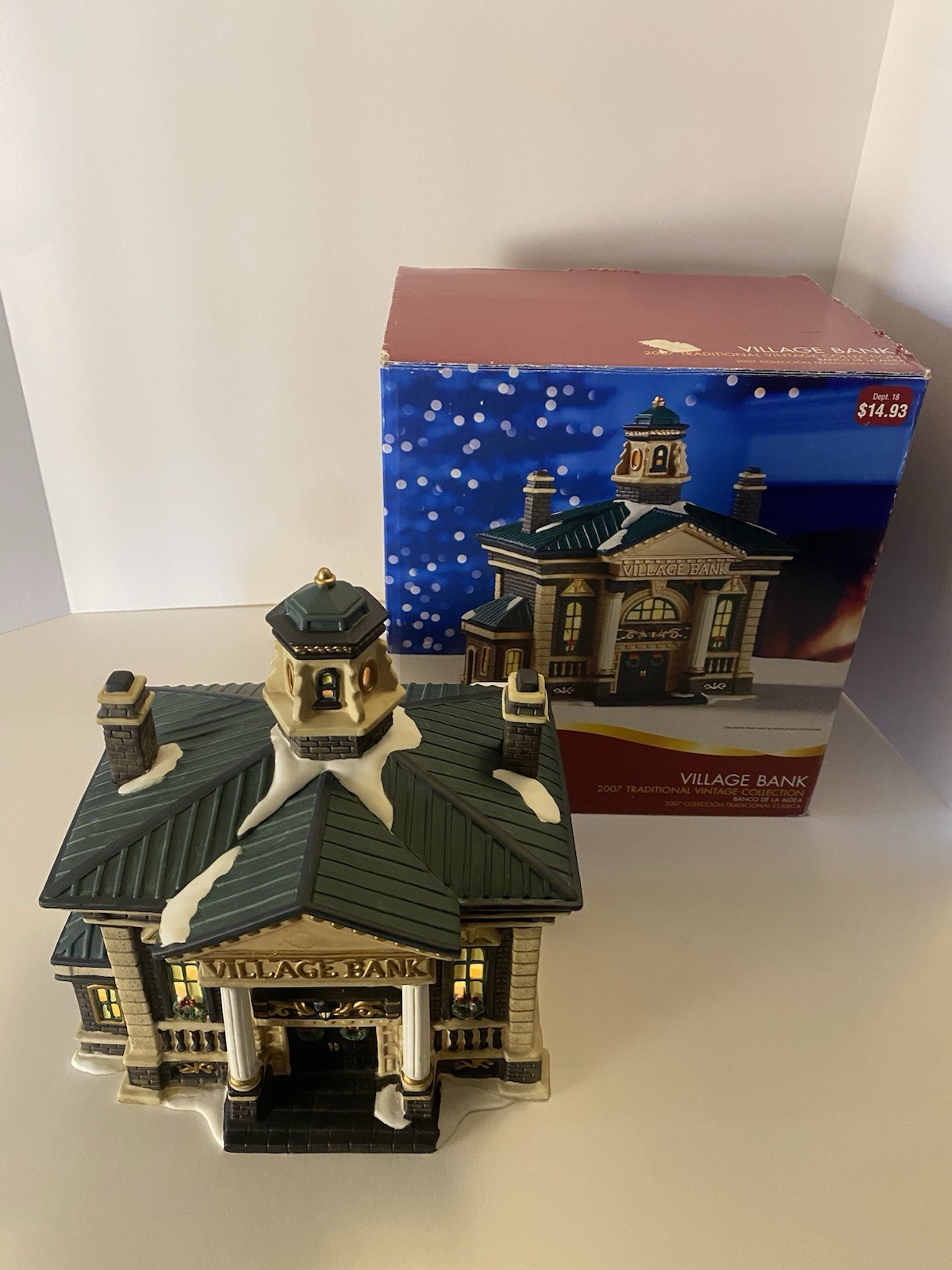 READ Vintage Village Bank Porcelain Building Christmas / Winter Dept 18 Lighted