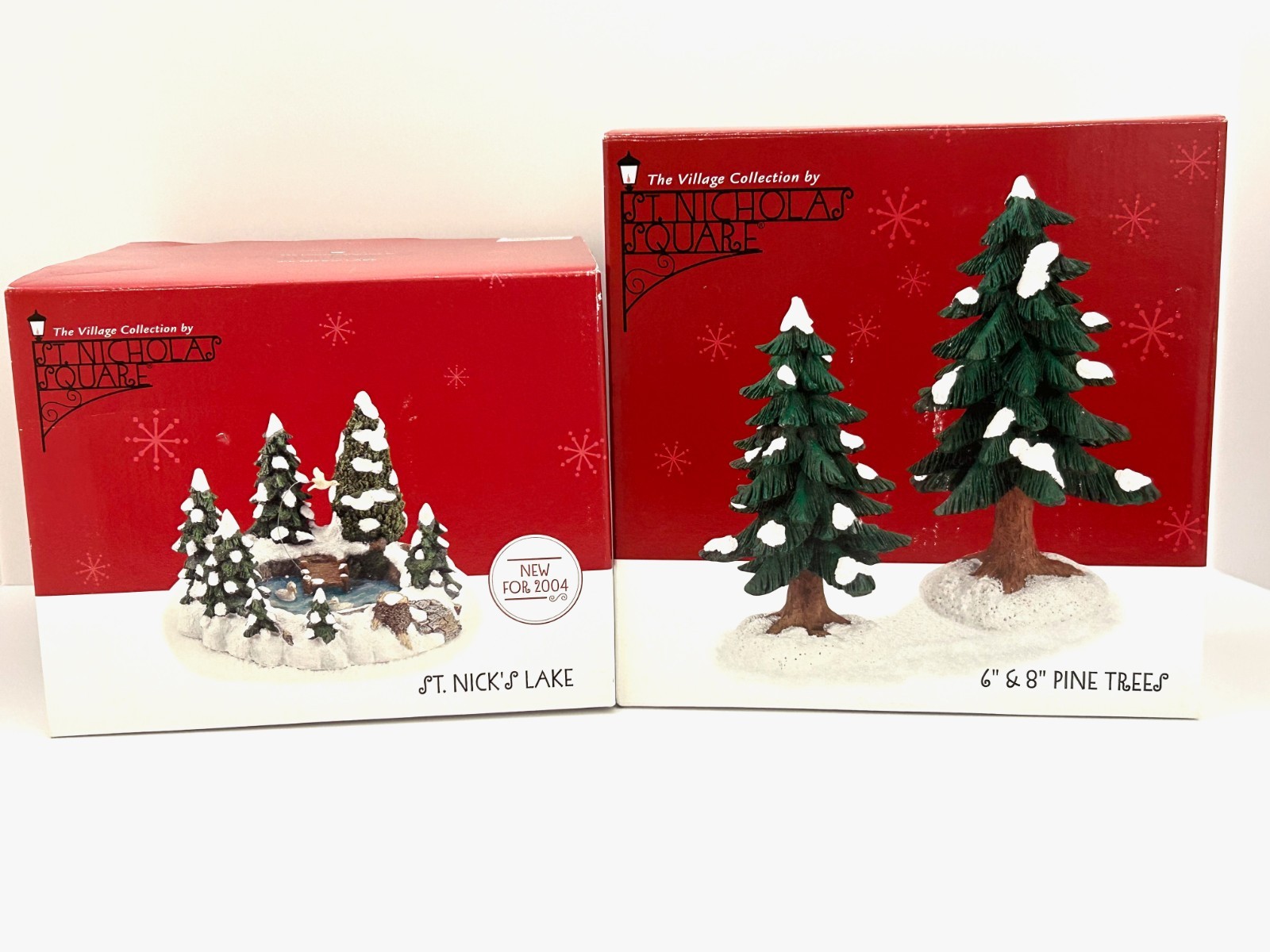 Vtg St Nicholas Square Village St. Nick’s Lake and 2 Porcelain Trees SNS Boxed