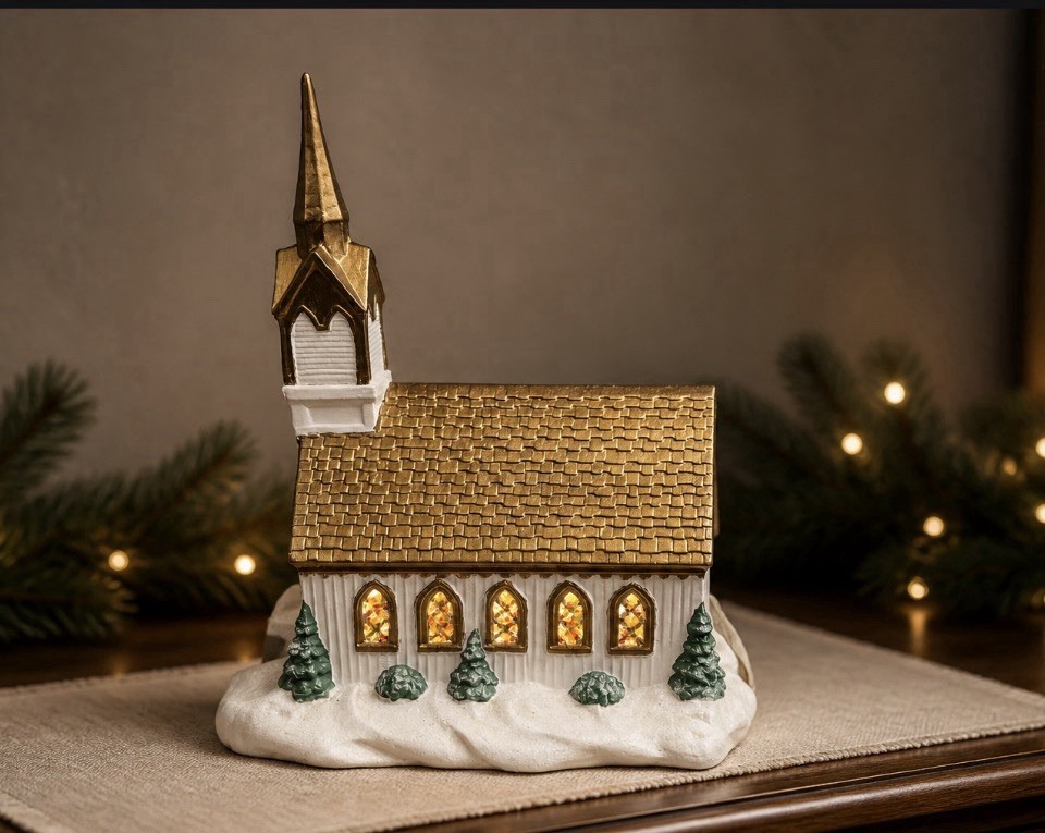 Vintage Byron Molds 1975 lighted Musical Ceramic Church Read