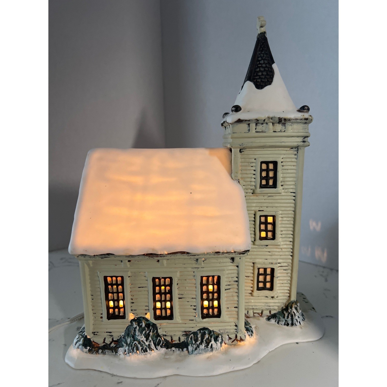 Vintage Style Lighted Christmas Village Church Snow Covered Winter Decor White
