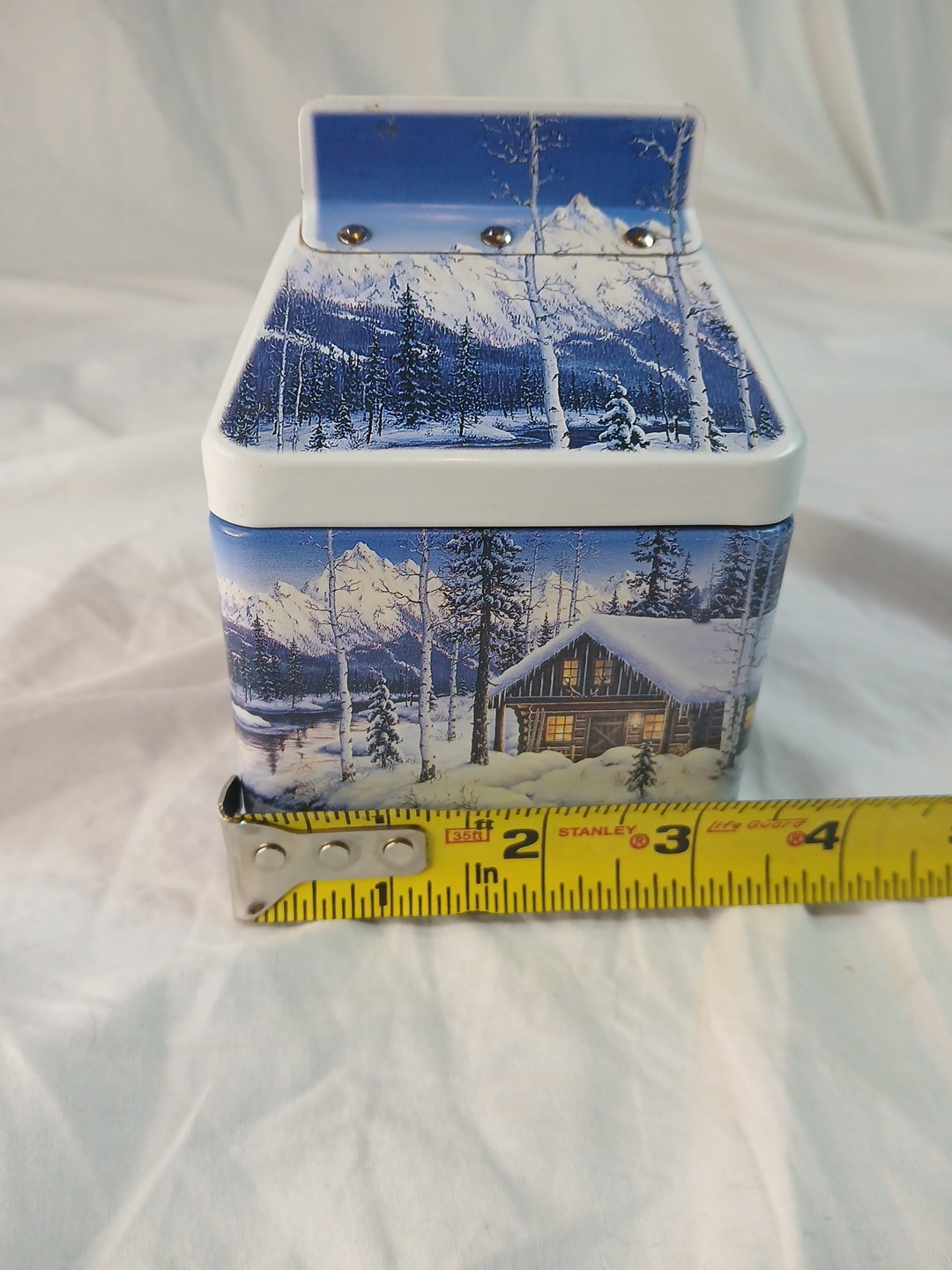 Vintage Christmas House Cookie Tin Winter Cabin Gabled Milk Carton Decor