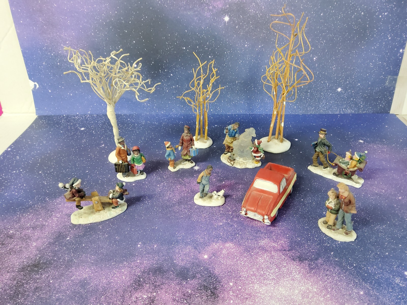 Vintage 11 Pieces Fun in the Snow Christmas Village Figures and Trees