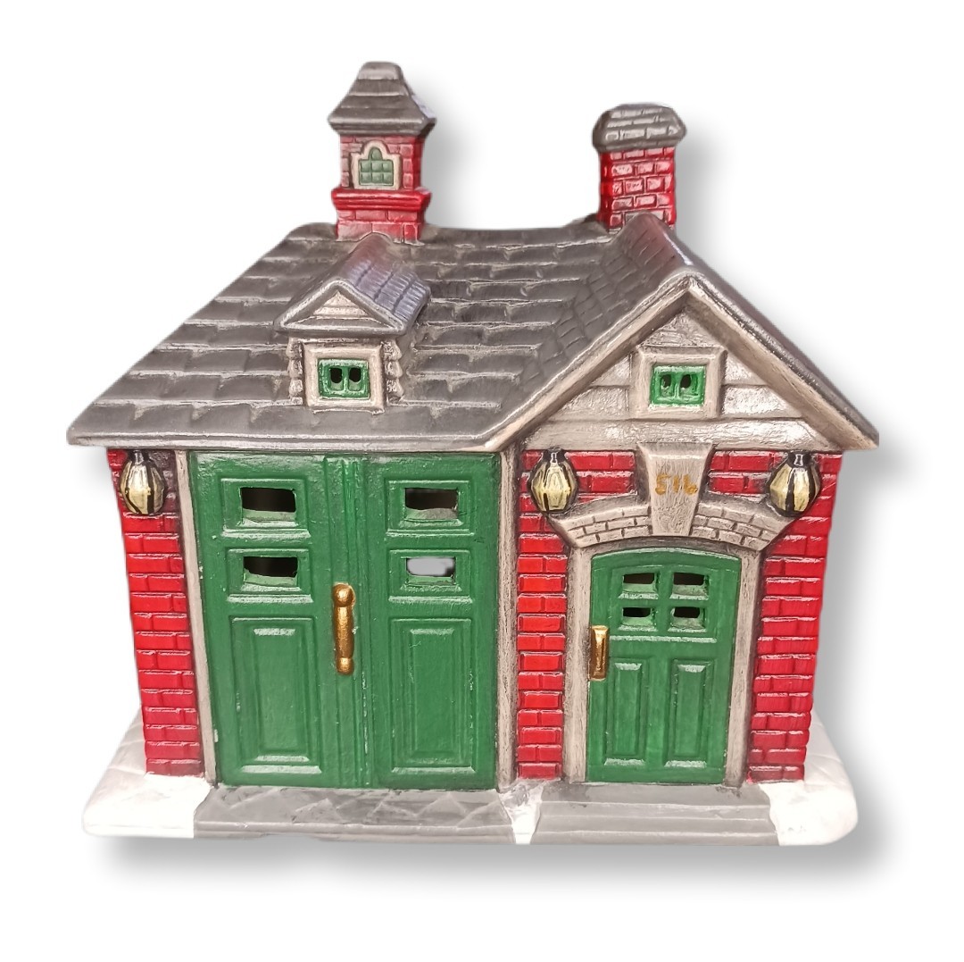 Vintage 1983 Byron Molds Fire Station Christmas Village Lighted House Ceramic