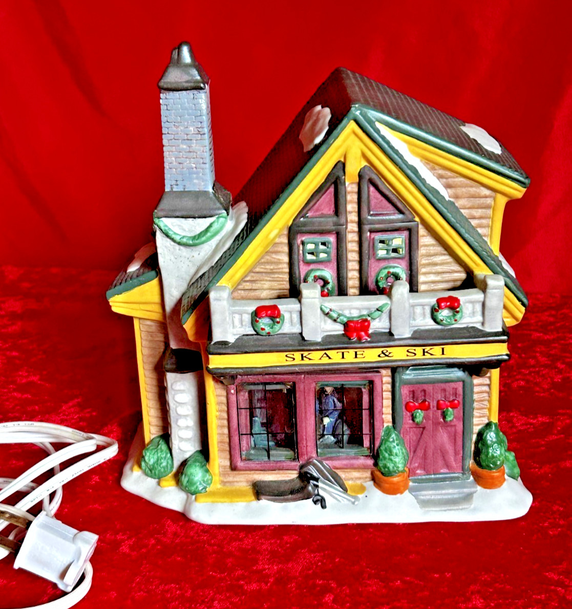 Christmas Delights Handpainted Porcelain Lighted Skate & Ski House Village Town