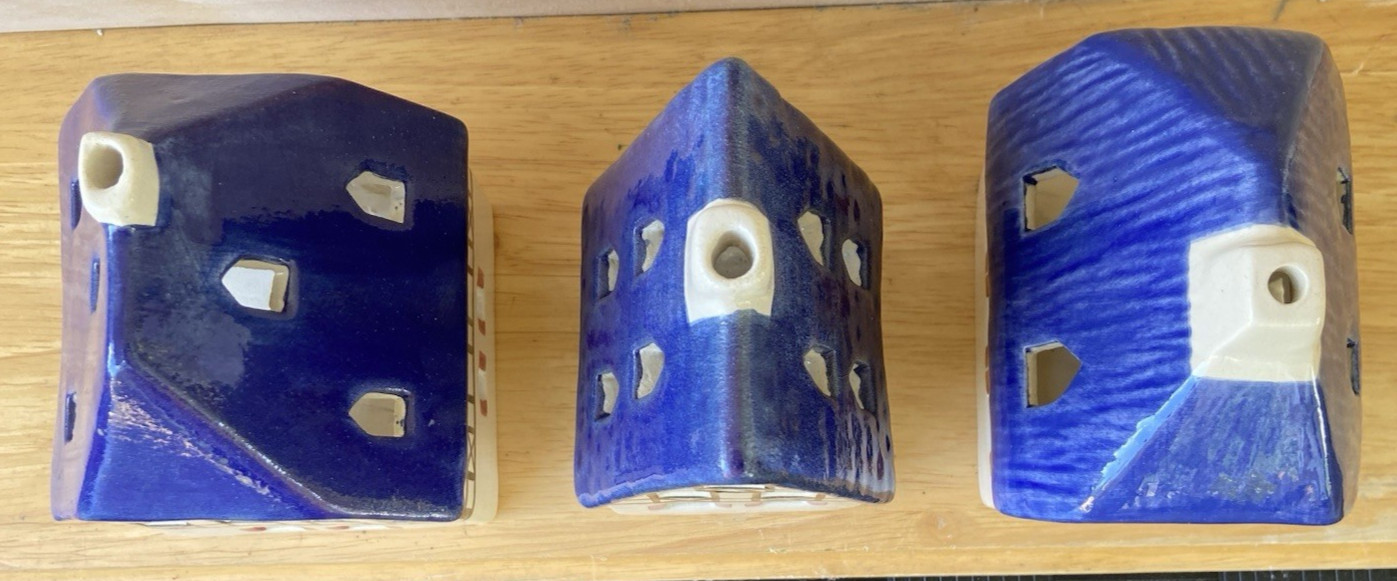 Set of 3 Vintage Ursula Leyk Tea Light Cottages`w/Blue Roofs~Dated 1985 and 1988