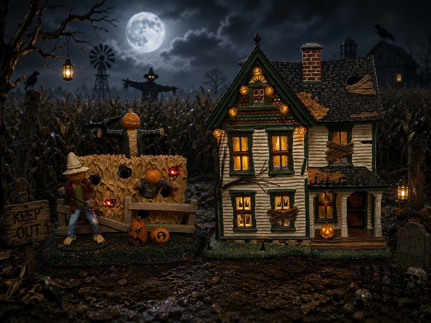 Dept 56 Spooky Farmhouse w/ Box+ Lemax Animated Scarecrow Tested Works Halloween