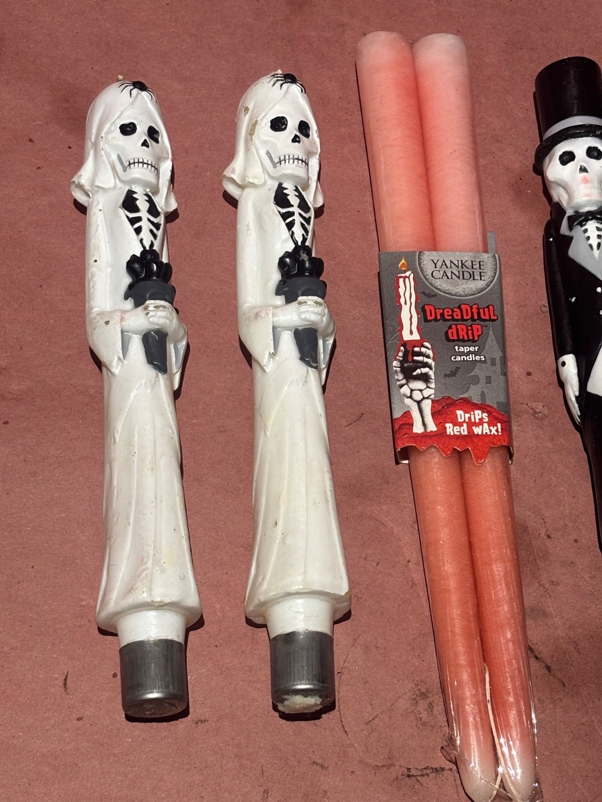 8-10″ SKELETON BRIDE & GROOM Taper red wax Candle sticks dreadful drip Halloween