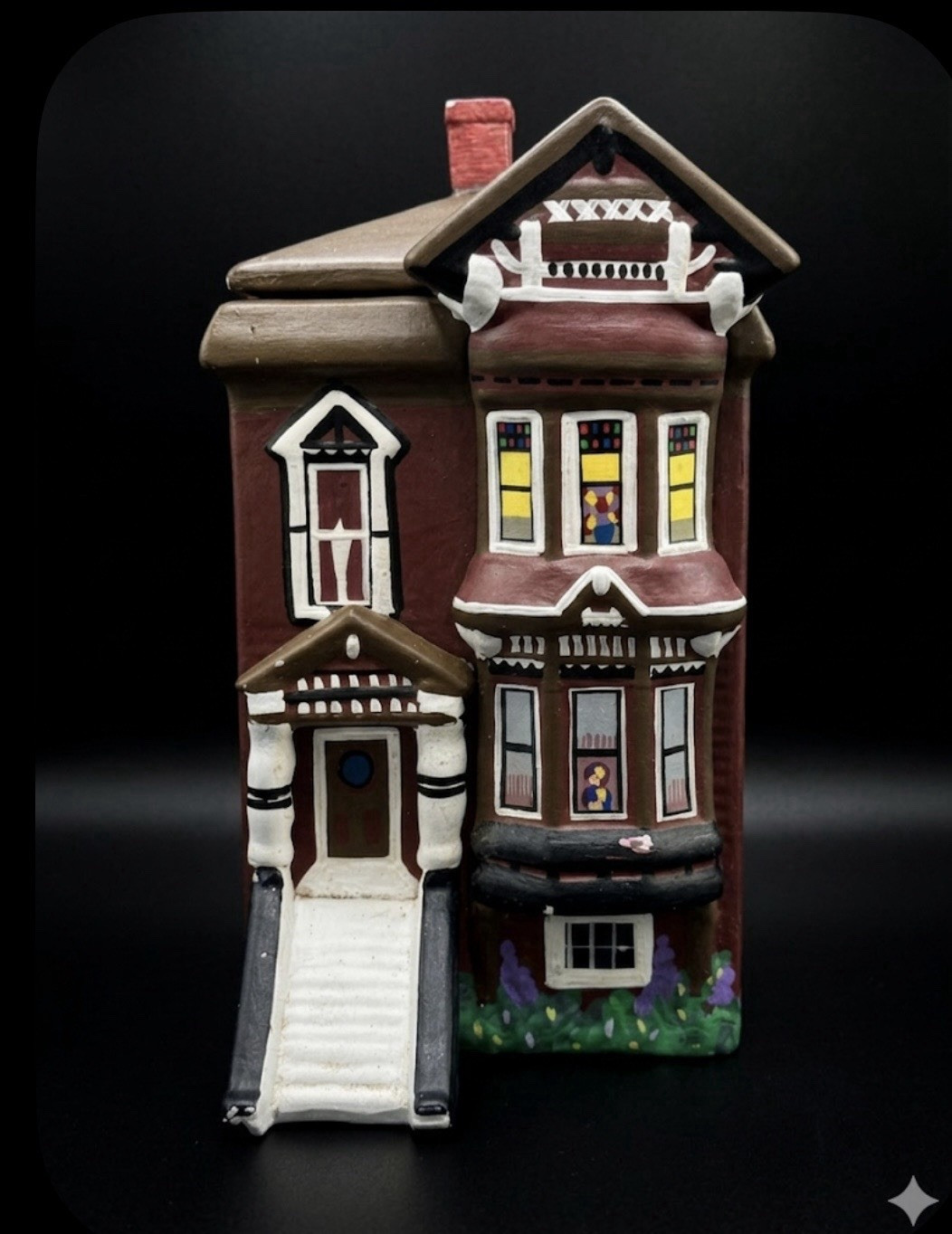 Hand-Painted Ceramic Victorian Village House Lidded Jar Brown 9 in Tall