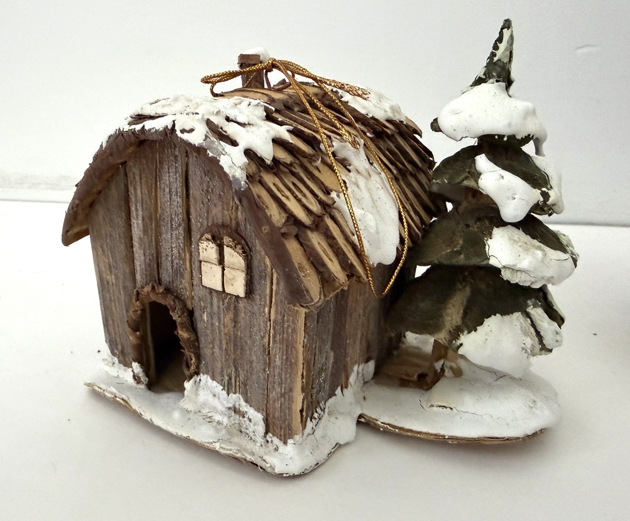 Vintage Miniature Folk Art Cabin Houses Ornaments, Bark, Wood, Straw, Lot Of 4