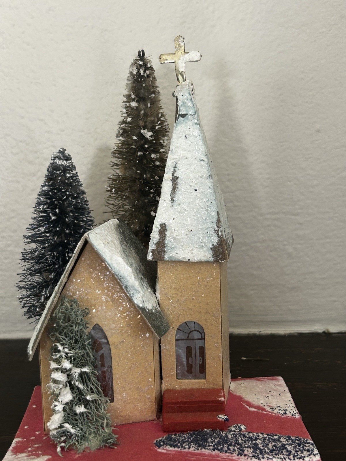 Vintage Putz 6 inch Church & 2 Bottle Brush Trees USA Christmas Village