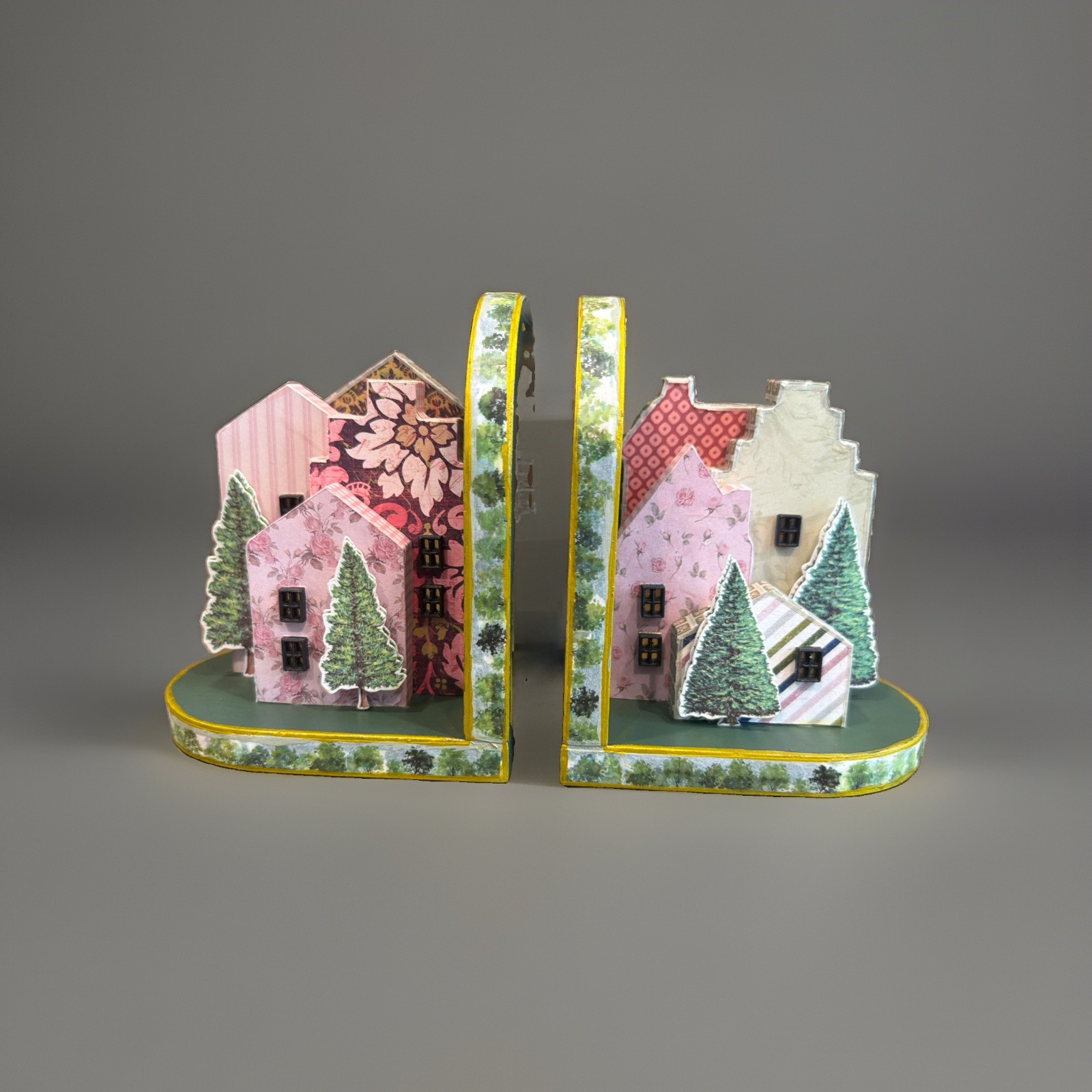 Handmade Cottage Village Bookends Pink Floral Houses Trees OOAK Home Decor
