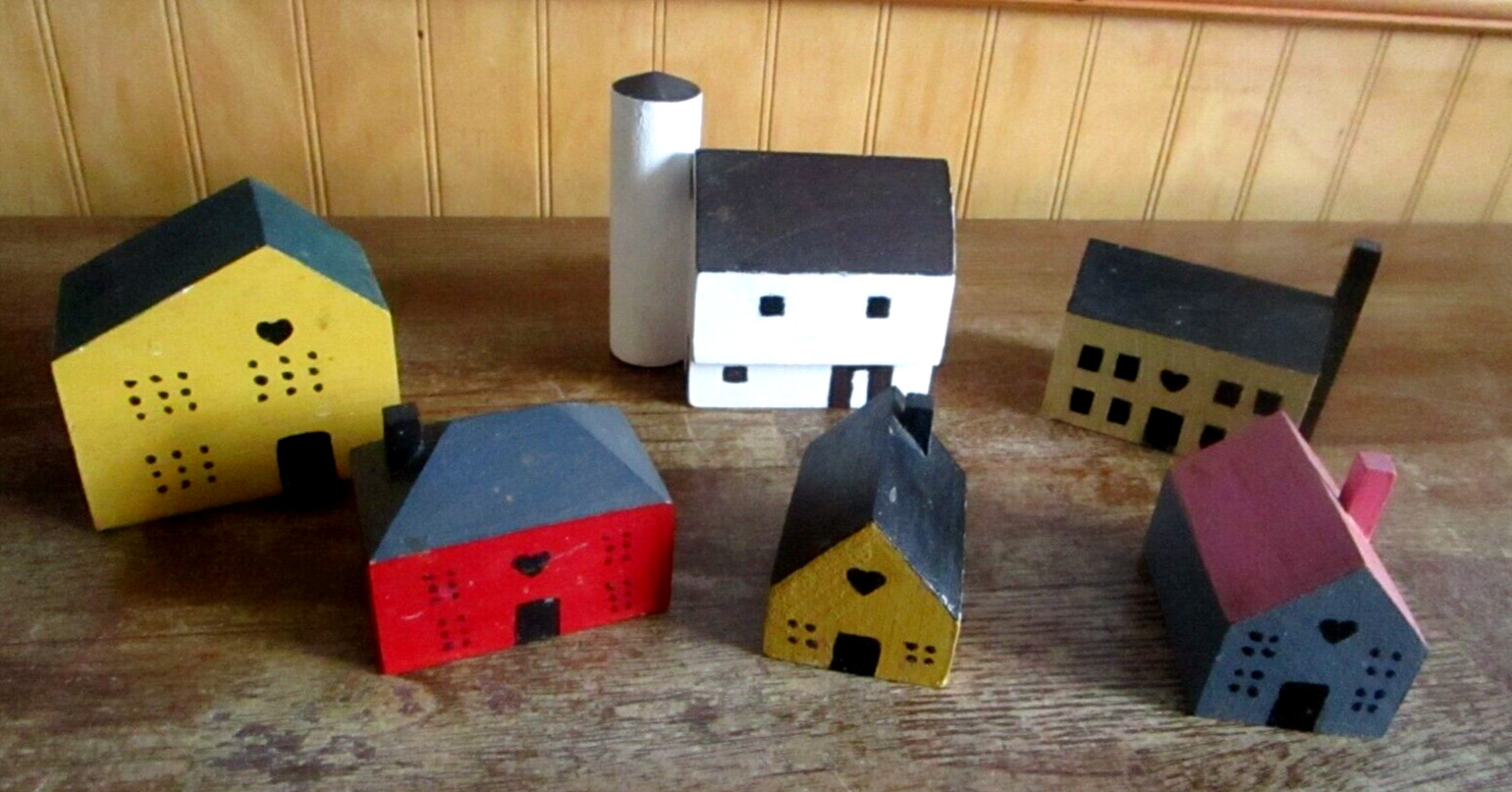 One Barn & Five Handmade Wood Block Houses, Christmas Village