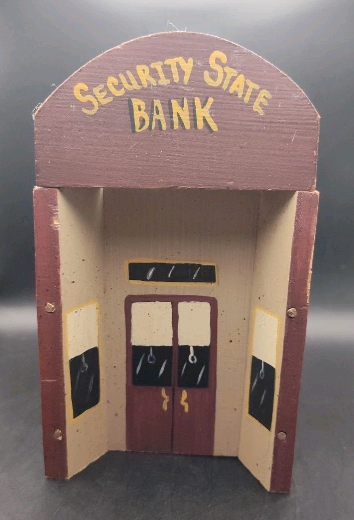 Handcrafted Wood Village Piece, Security State Bank, Hand Painted Folk Art Decor