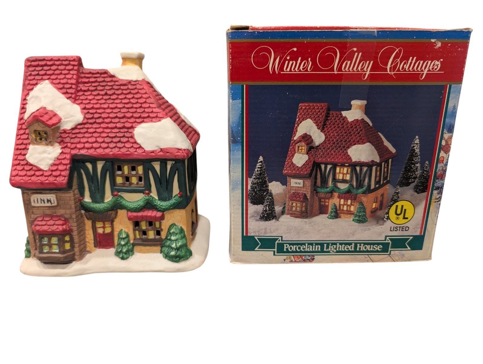 Winter Valley Cottages Porcelain Lighted House Inn Red Roof Christmas Village
