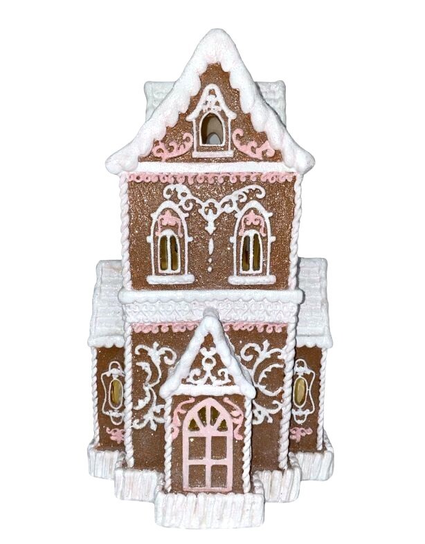 Christmas Brown Pink Victorian Lighted Gingerbread Hand Painted House 14″ NEW