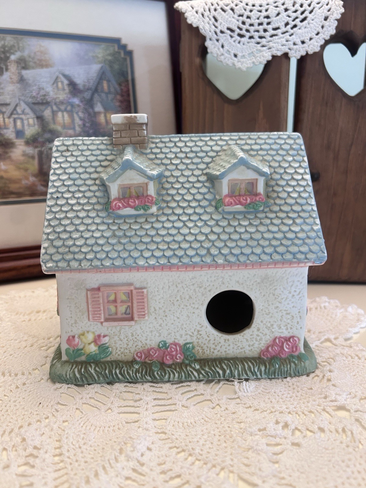 Midwest Importers 1991 Ceramic Cottage House Figurine White Blue Pink
