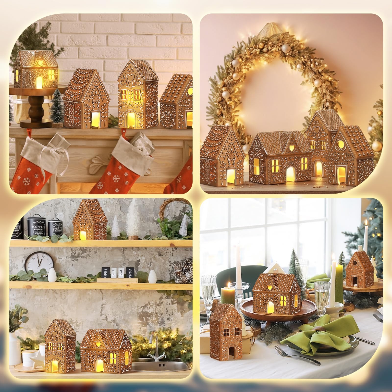 4 Pcs Christmas Lighted Gingerbread House Decoration Resin House Village Figu…