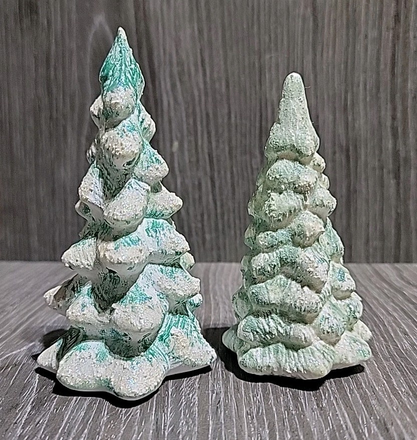 Vintage Pair Of Frosted Pine Tree Ceramic Christmas Decoration With Glitter