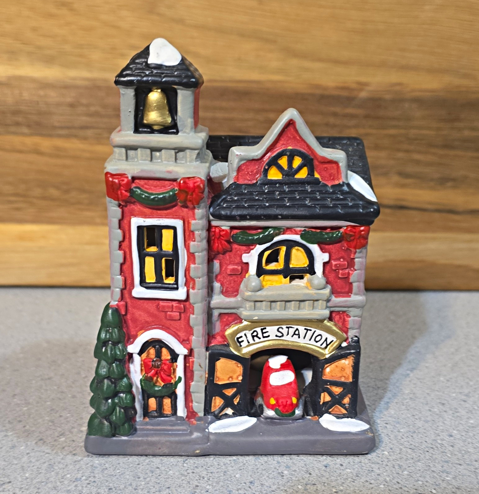 Christmas Village Fire Station House Figurine Painted Ceramic Porcelain Red Gray