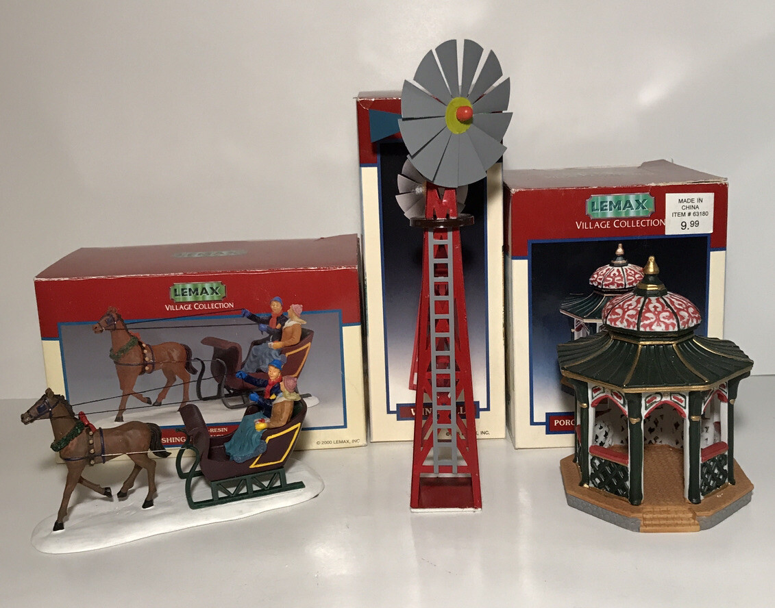Lot Of 3 Lemax Village Dashing Through the Snow Windmill Victorian Gazebo