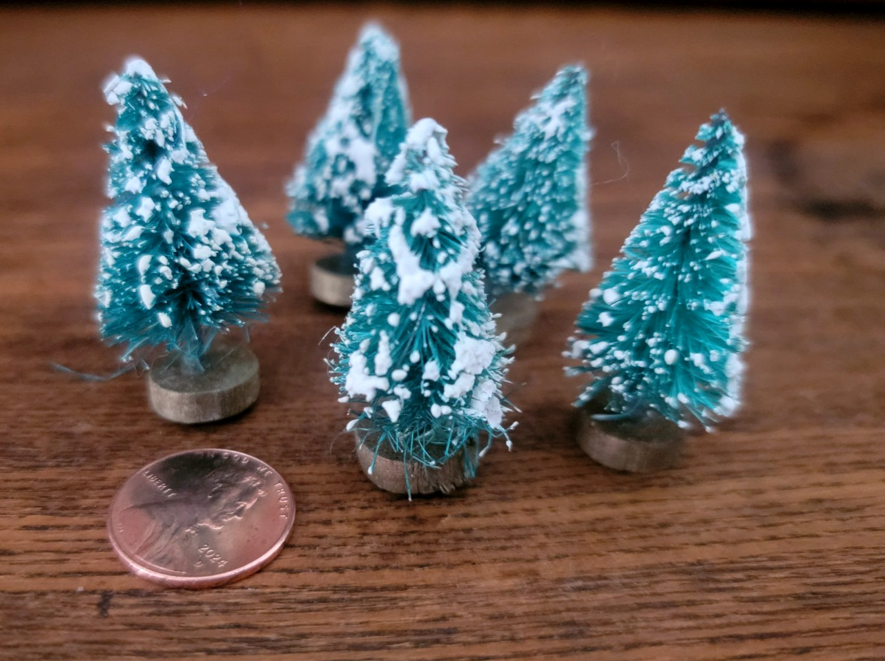 Vintage Bottle Brush 1.5 inch Trees Flocked with Wood Bases Lot of 5 Germany