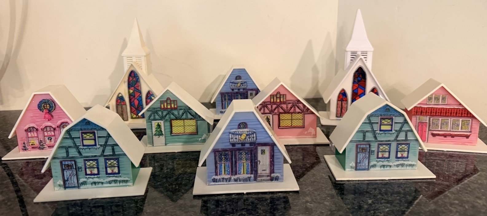 Vintage Christmas Alpine Village Plastic Putz Houses Set Of 9 Light Covers