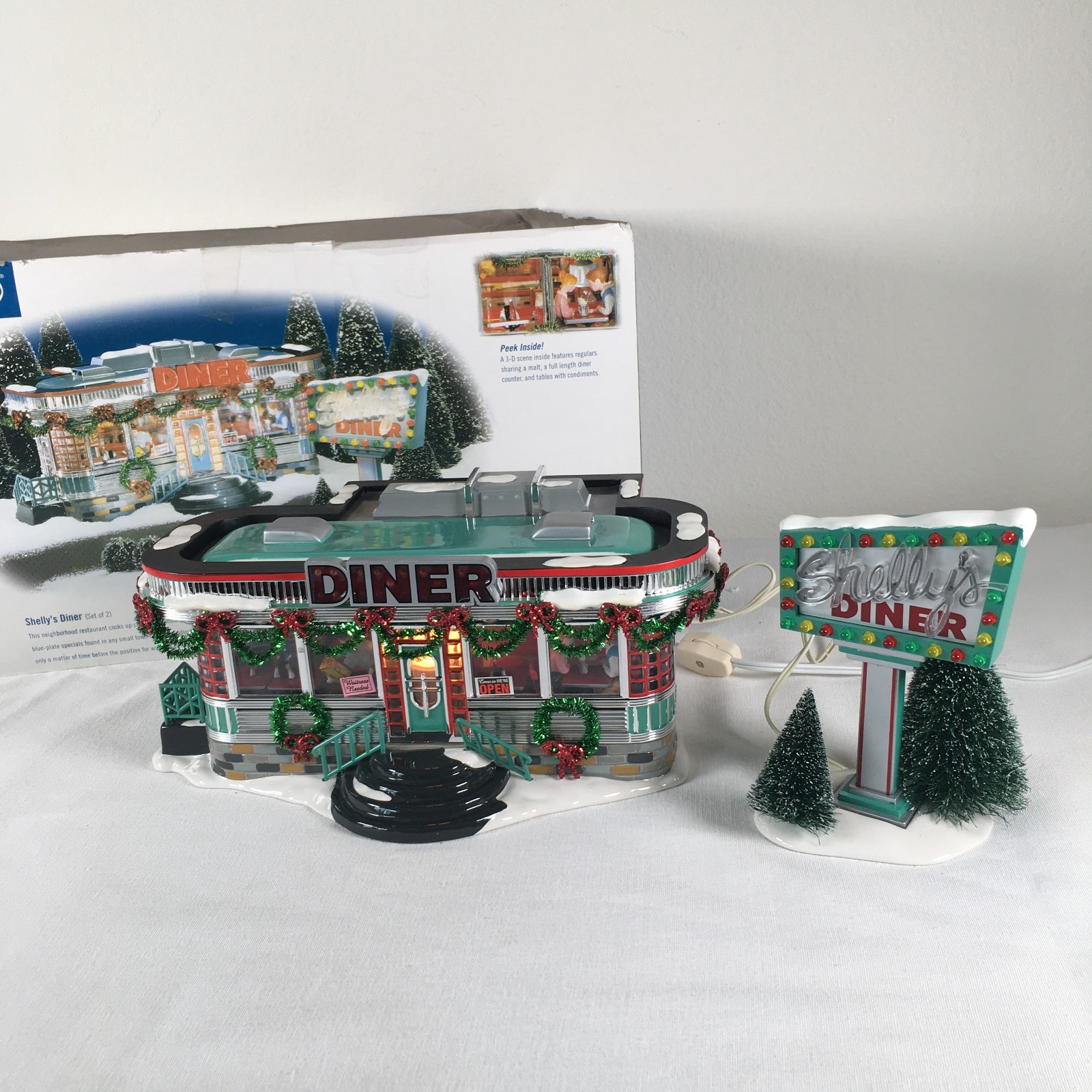 Vtg Dept 56 Snow Village SHELLY’S DINER #55008 2pc Set Lights Missing Power Cord