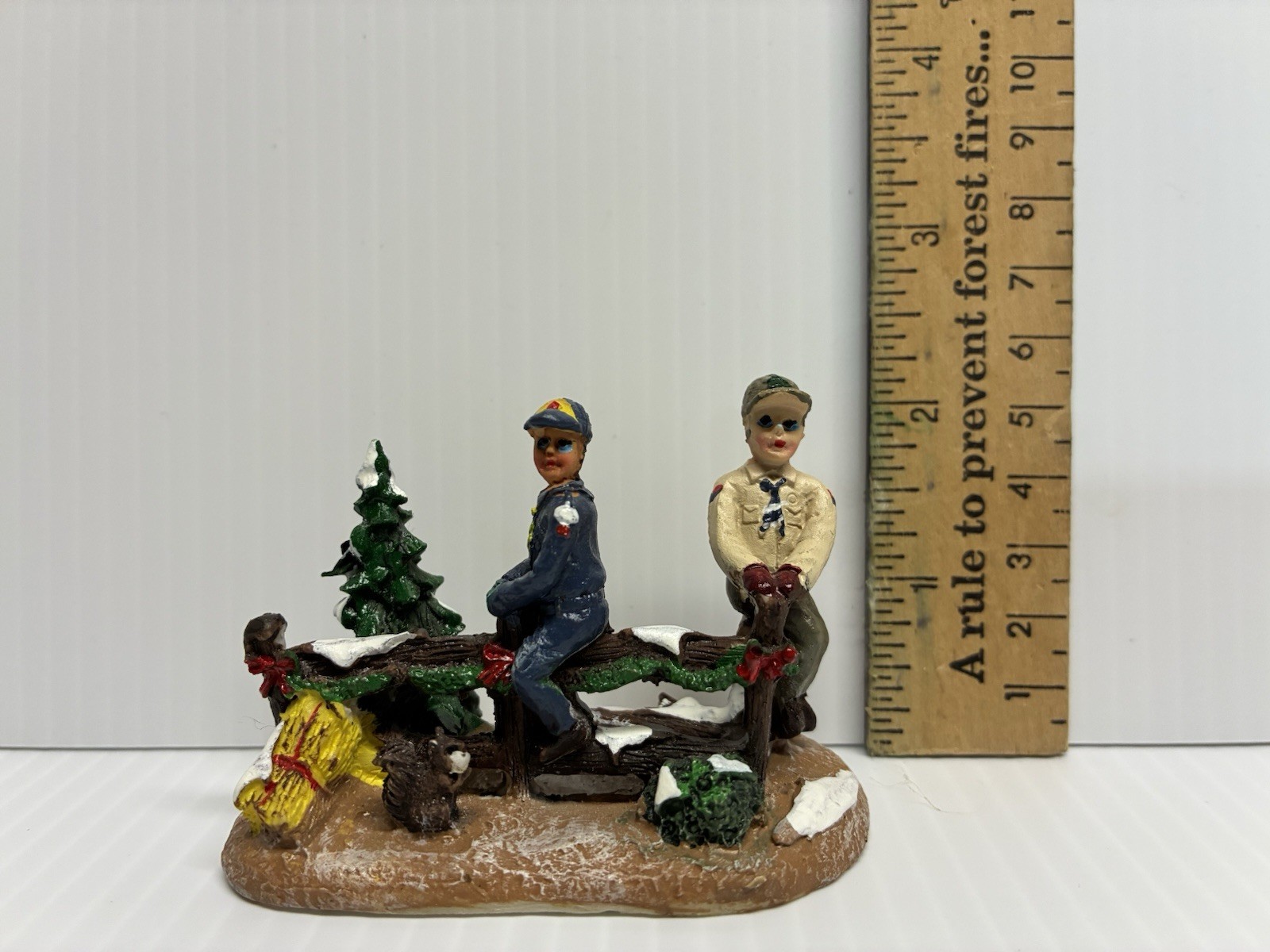 Boy Scouts on Fence, Sawing Wood Christmas Village Accessories Figurine 2013 BSA