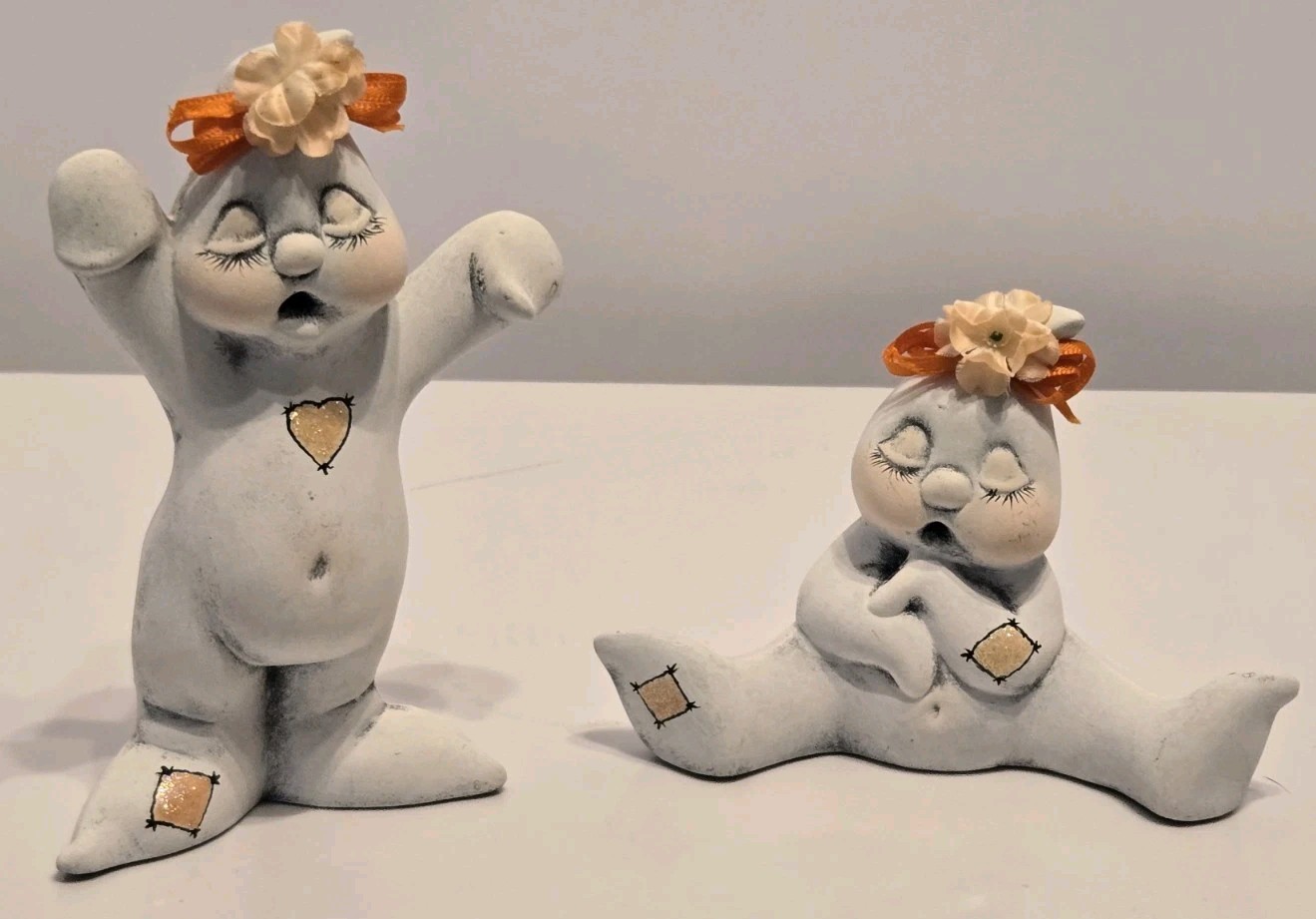 VTG Ceramic Summerween Ghost Figurines Decor Cute Shelf Sitters Orange Flower