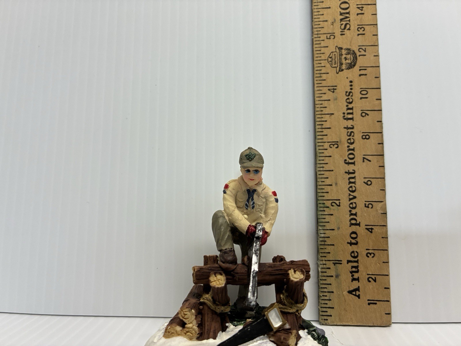 Boy Scouts on Fence, Sawing Wood Christmas Village Accessories Figurine 2013 BSA