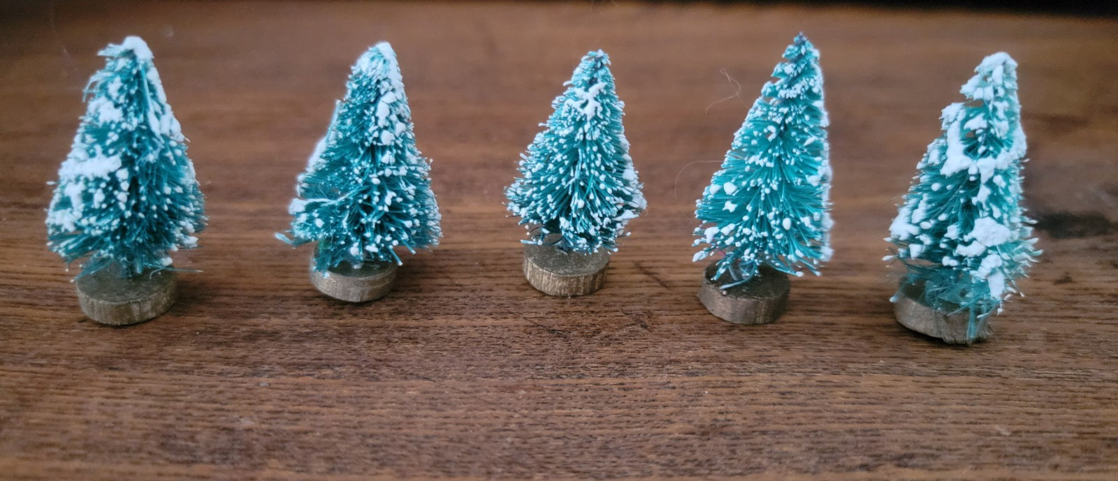 Vintage Bottle Brush 1.5 inch Trees Flocked with Wood Bases Lot of 5 Germany