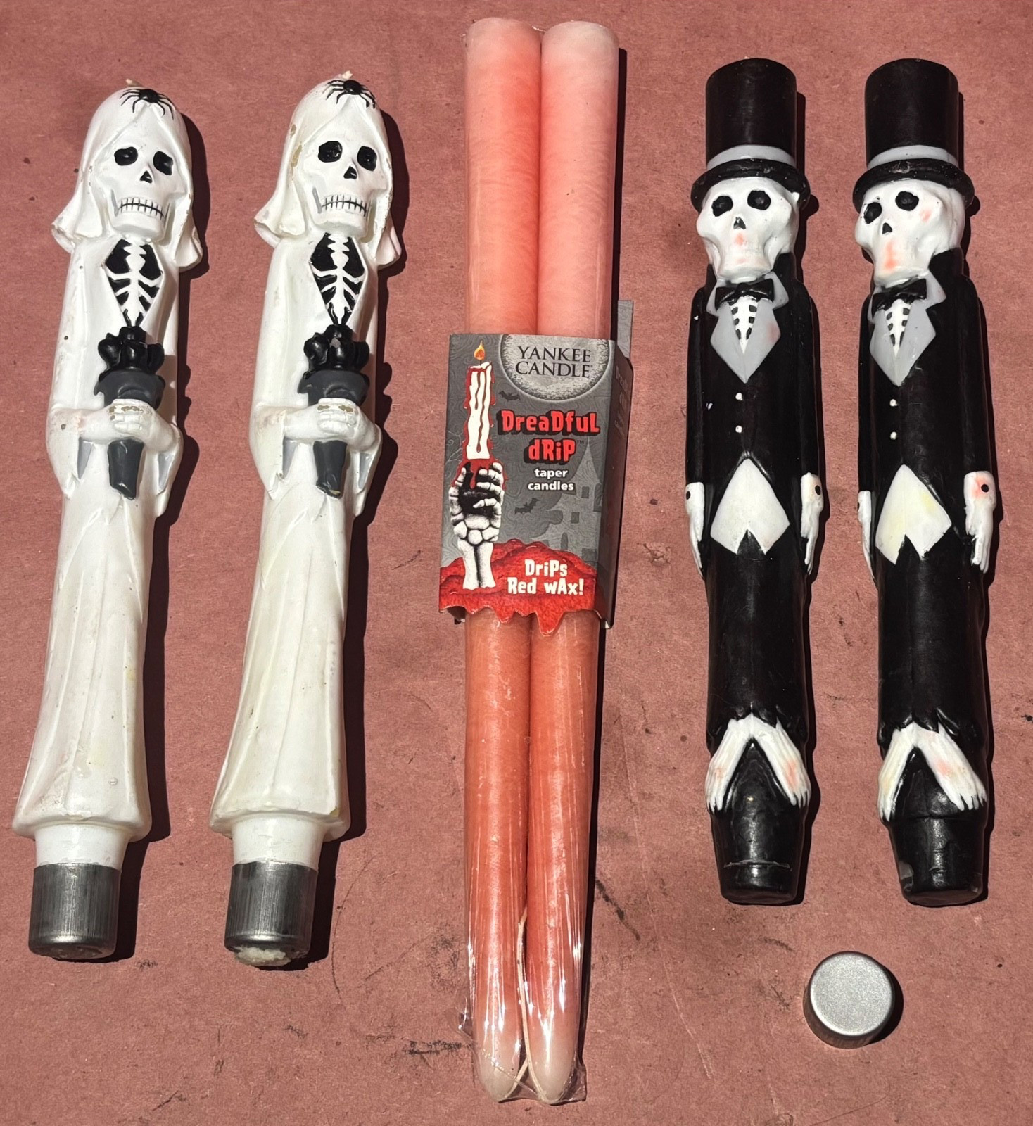 8-10″ SKELETON BRIDE & GROOM Taper red wax Candle sticks dreadful drip Halloween