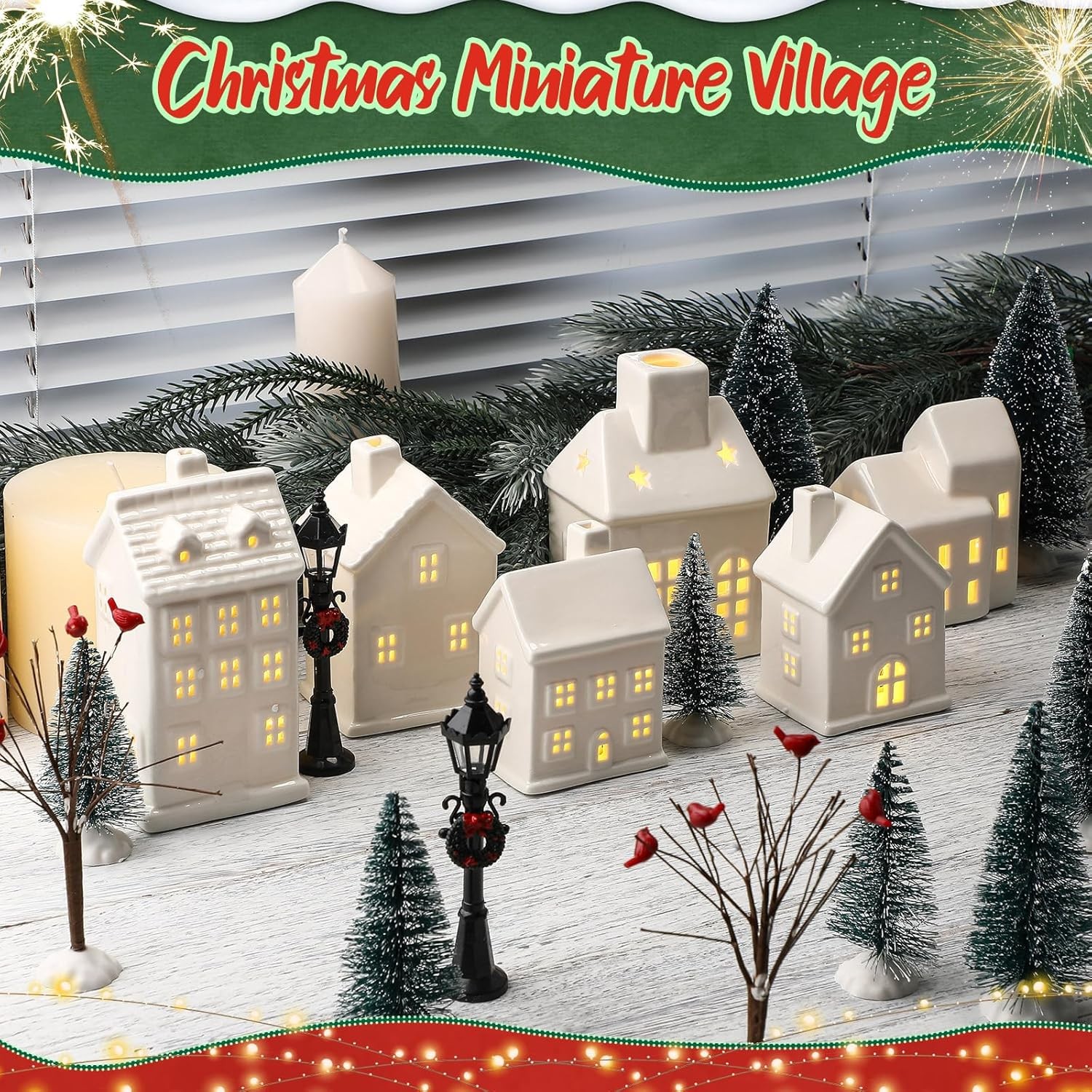 24 Pcs Christmas Village House LED Lighted Village Set Mini Christmas Tree Ceram