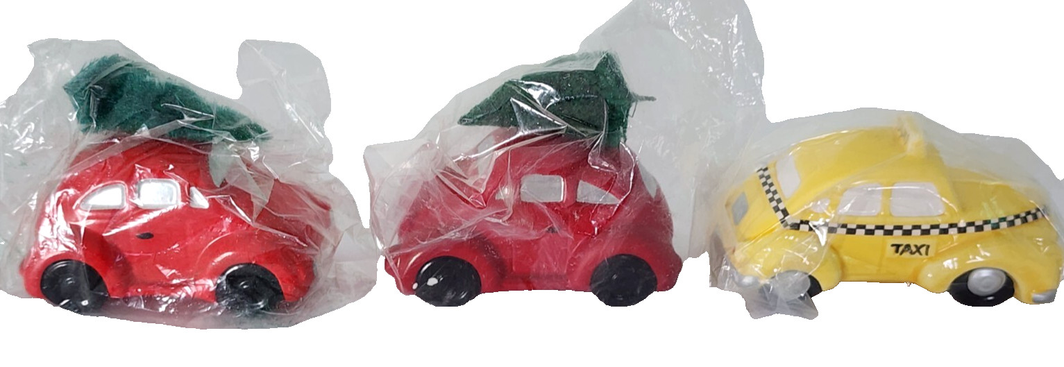 Dept 56 Village Vehicles Lot Red Cars w/ Tree + Taxi Taiwan Vintage Set