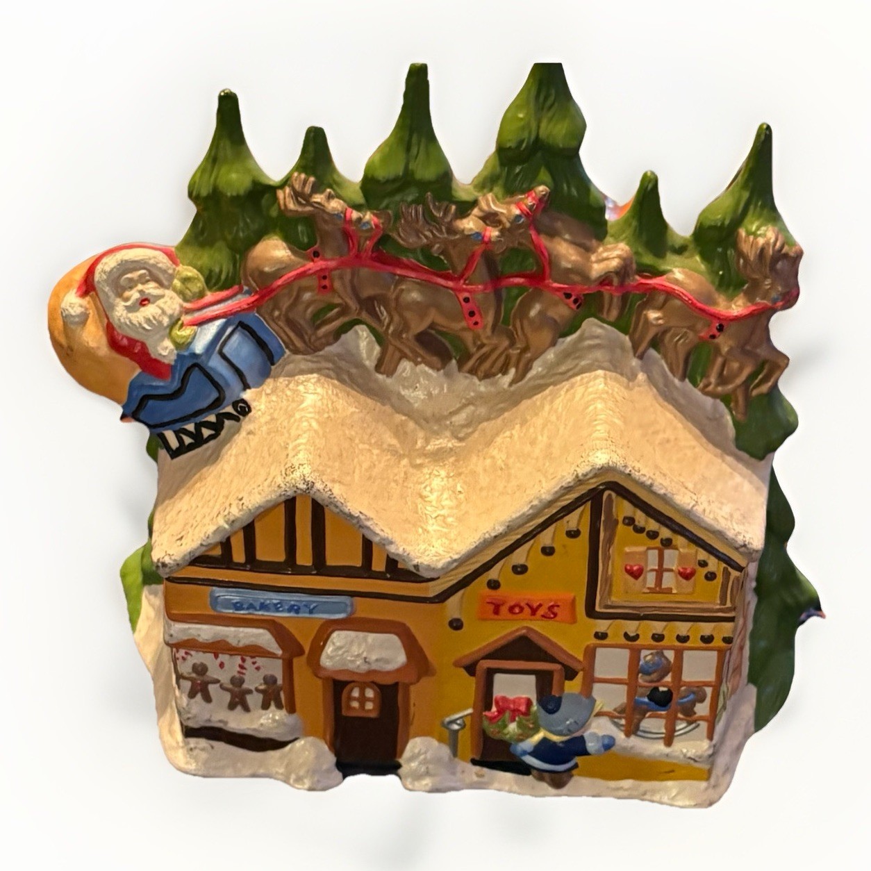 Vtg Hand Painted Ceramic Mold Christmas Village Bakery Toy Shop Santa in Sleigh