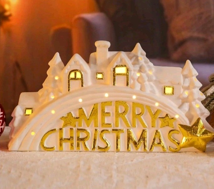 Ceramic Merry Christmas Village Light Up Holiday Decor White/ Gold Heavy