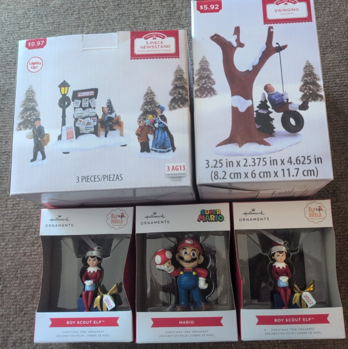 Holiday Time 3 Piece Newsstand Christmas Village Figureines Mario, Elf, swing