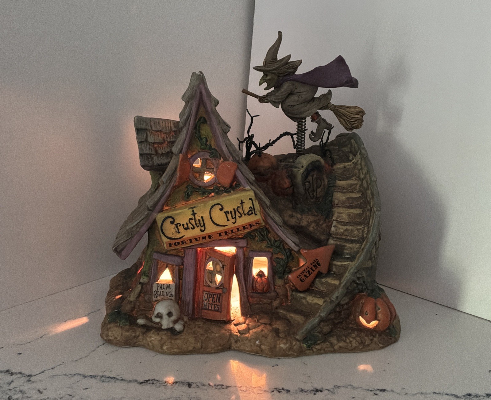 Vintage Light Up Ceramic Witch House • Crusty Crystal Fortune Teller W/ WITCH!