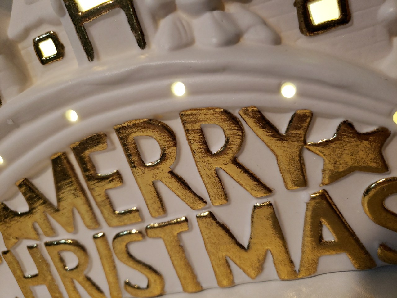 Ceramic Merry Christmas Village Light Up Holiday Decor White/ Gold Heavy