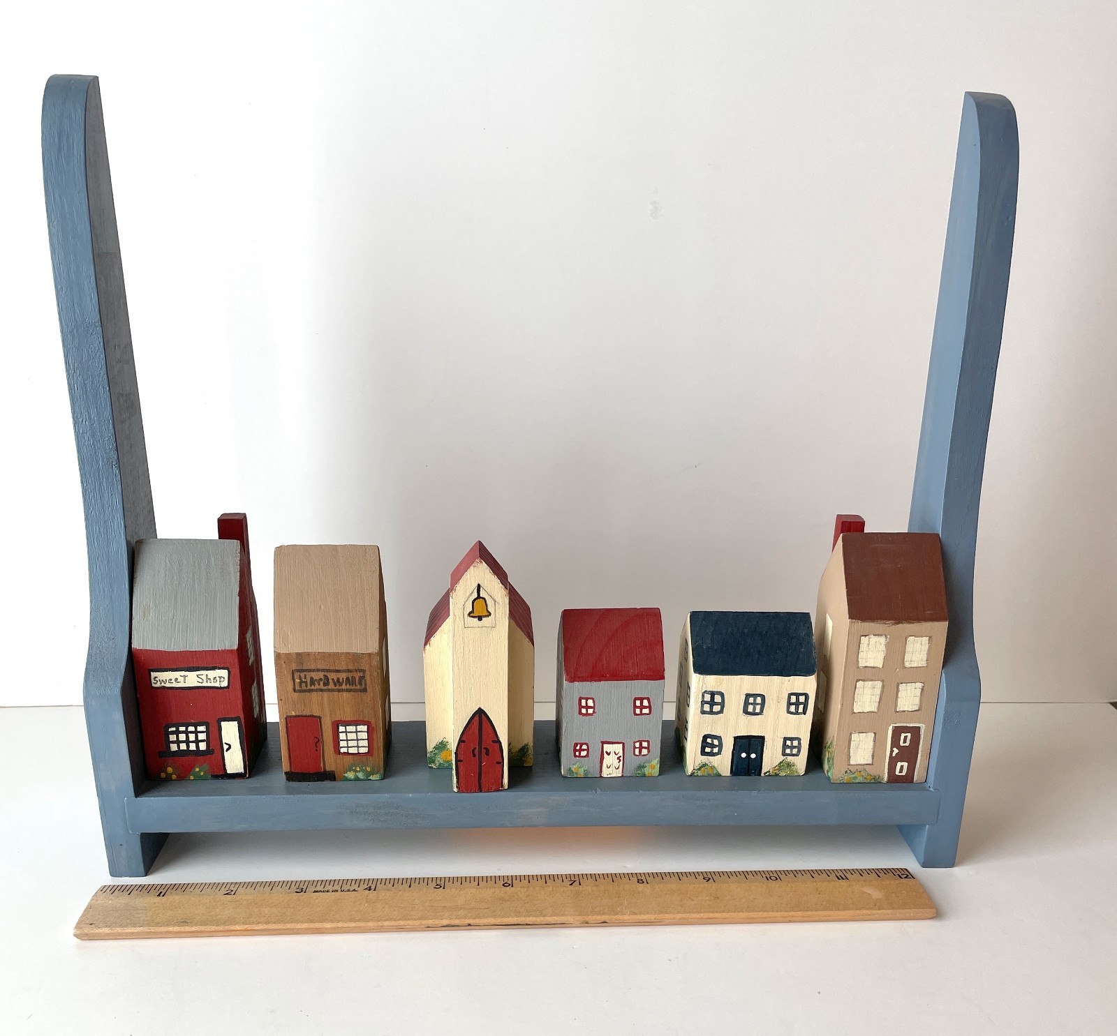 VTG Primitive Wooden Block House Village Hand Painted Folk Art Lot of 6 w/Stand