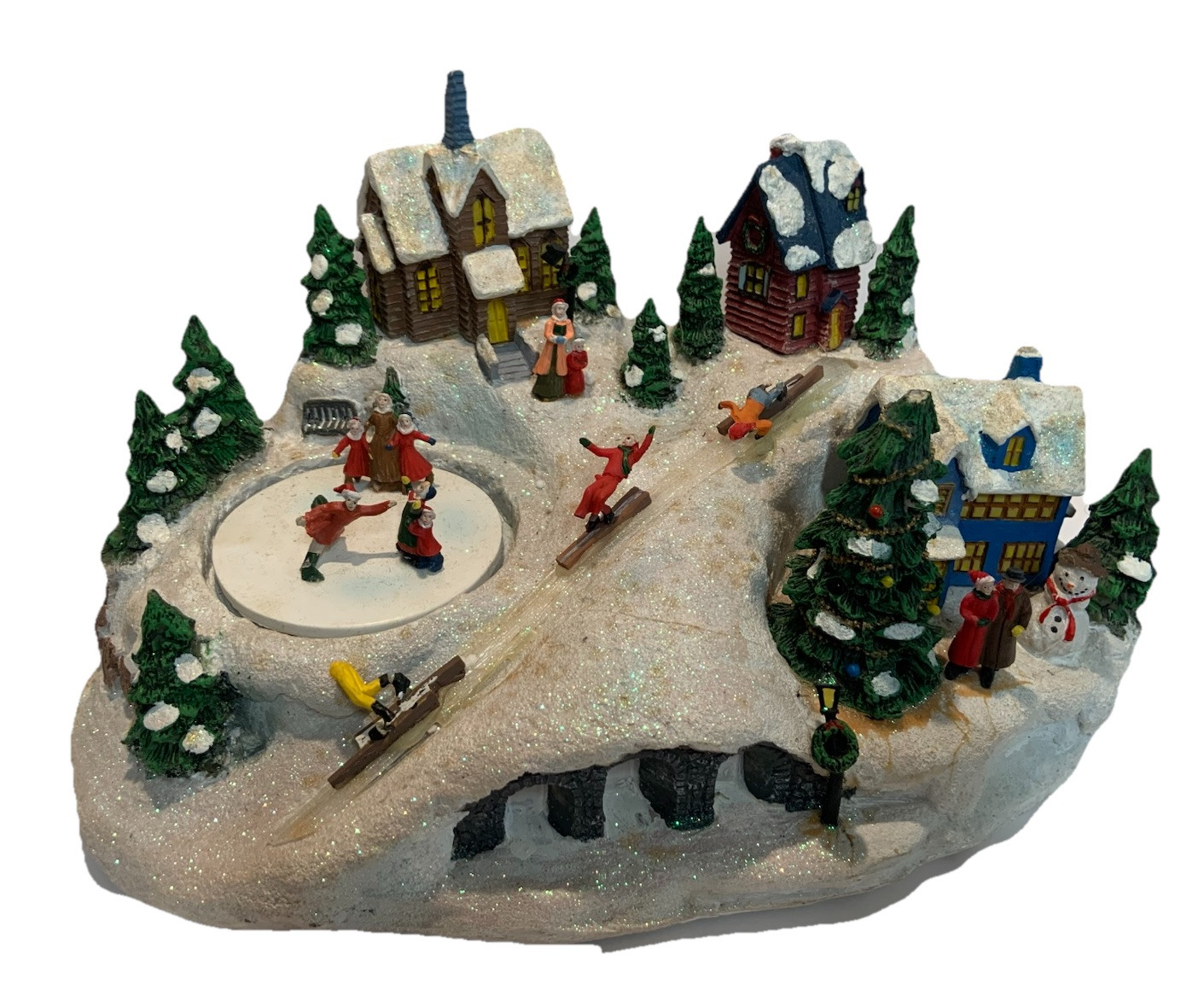 RARE Christmas Village Animated Ice Skating Pond Downhill Skiing READ